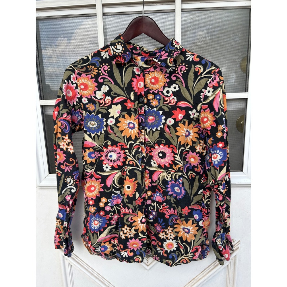 Boden Womens 100% Linen Floral Button Up Shirt Black Multi Long Sleeve US 2R